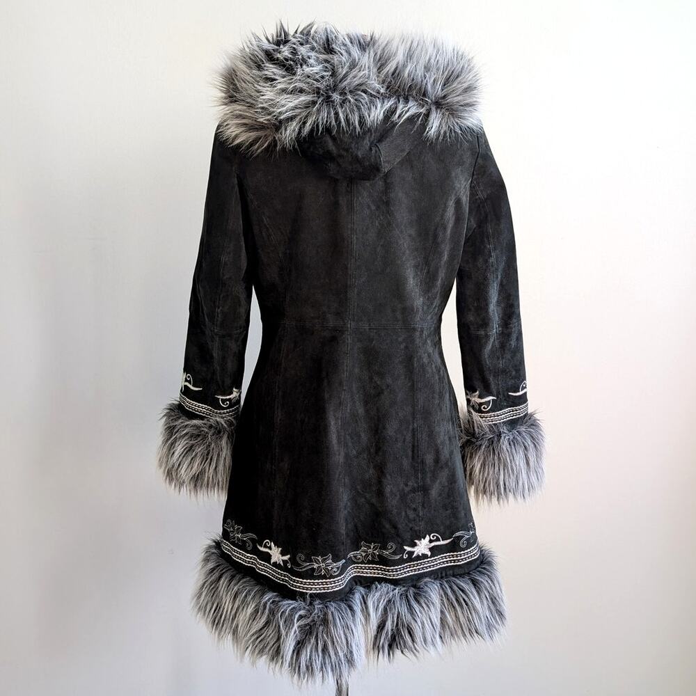 Vintage Black Suede Coat Penny Lane Groovy Faux Fur Jacket Afghan Trench Medium - Picture 7 of 13